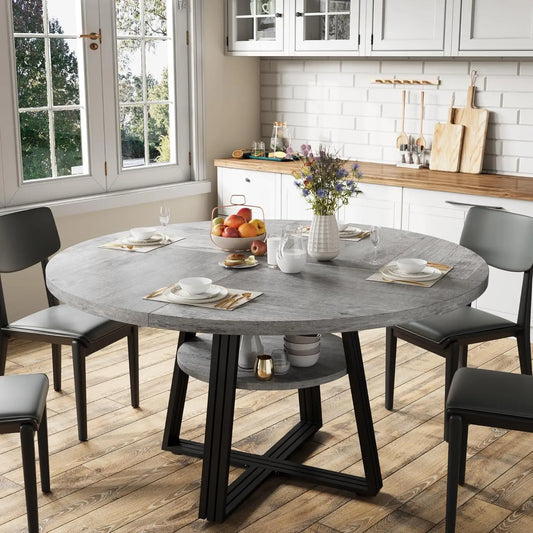 [ TABLE ONLY ] Round Dining Table for 4-6, 42" Farmhouse Kitchen Table with Storage, Circle Dinner Tables for Kitchen, Dining Ro