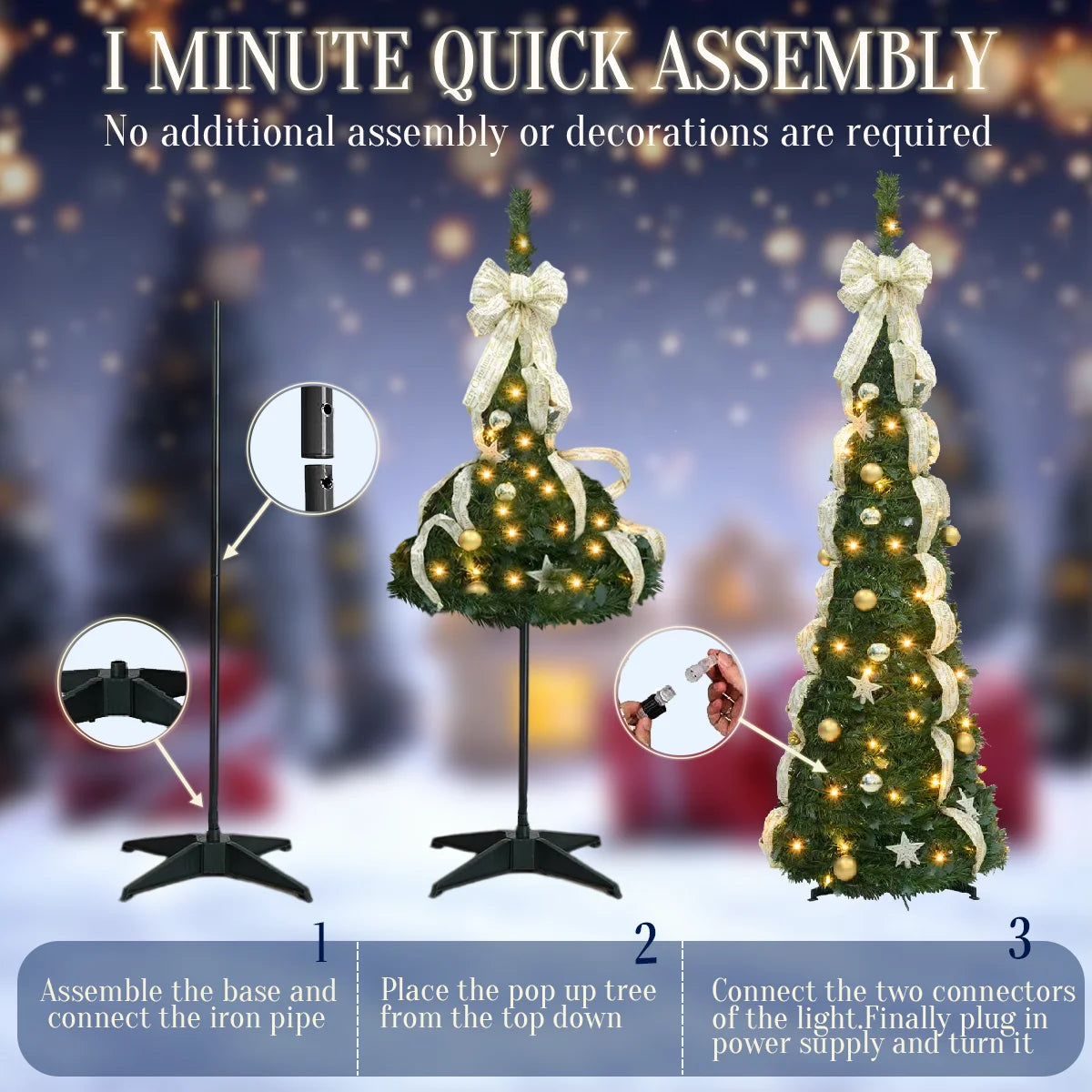 2025 Christmas Decoration 180/190cm Pre Lit Pop Up Artificial Christmas Tree 100/200 LED Lights Plug-In Power Party Home Decor