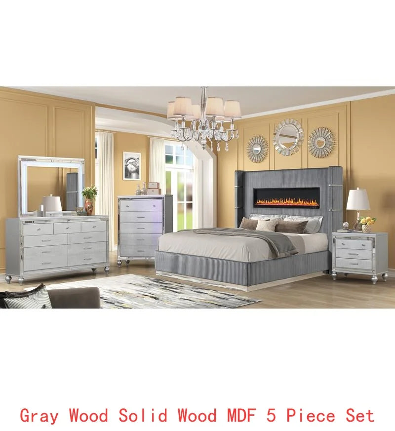 Upholstered Wooden King 5-Piece Bedroom Set with Ambient Lighting in Black Velvet Finish