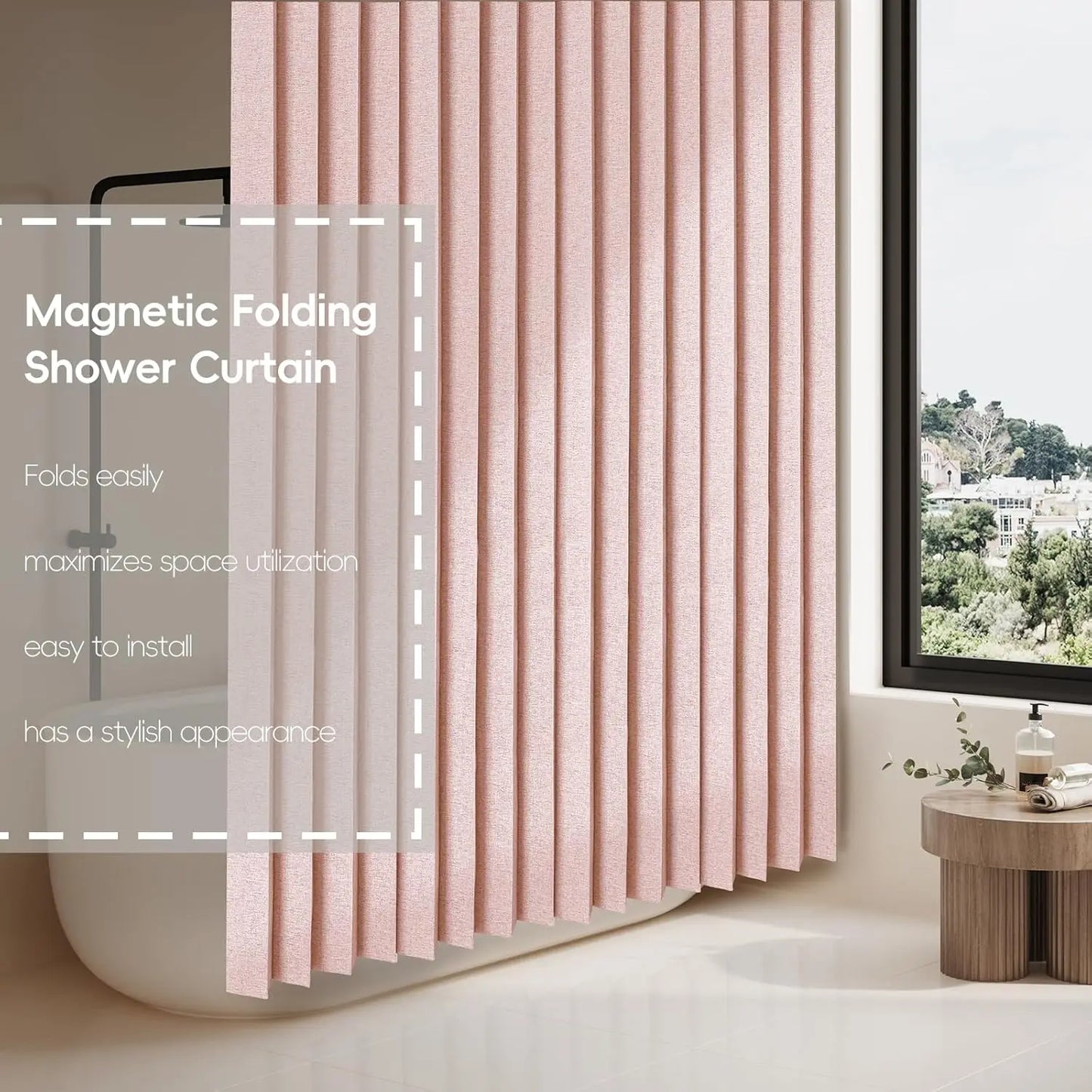 Magnetic Folding Shower Curtain，Waterproof & Space-Saving Design with Hooks, Thick Fabric in 6 Colors