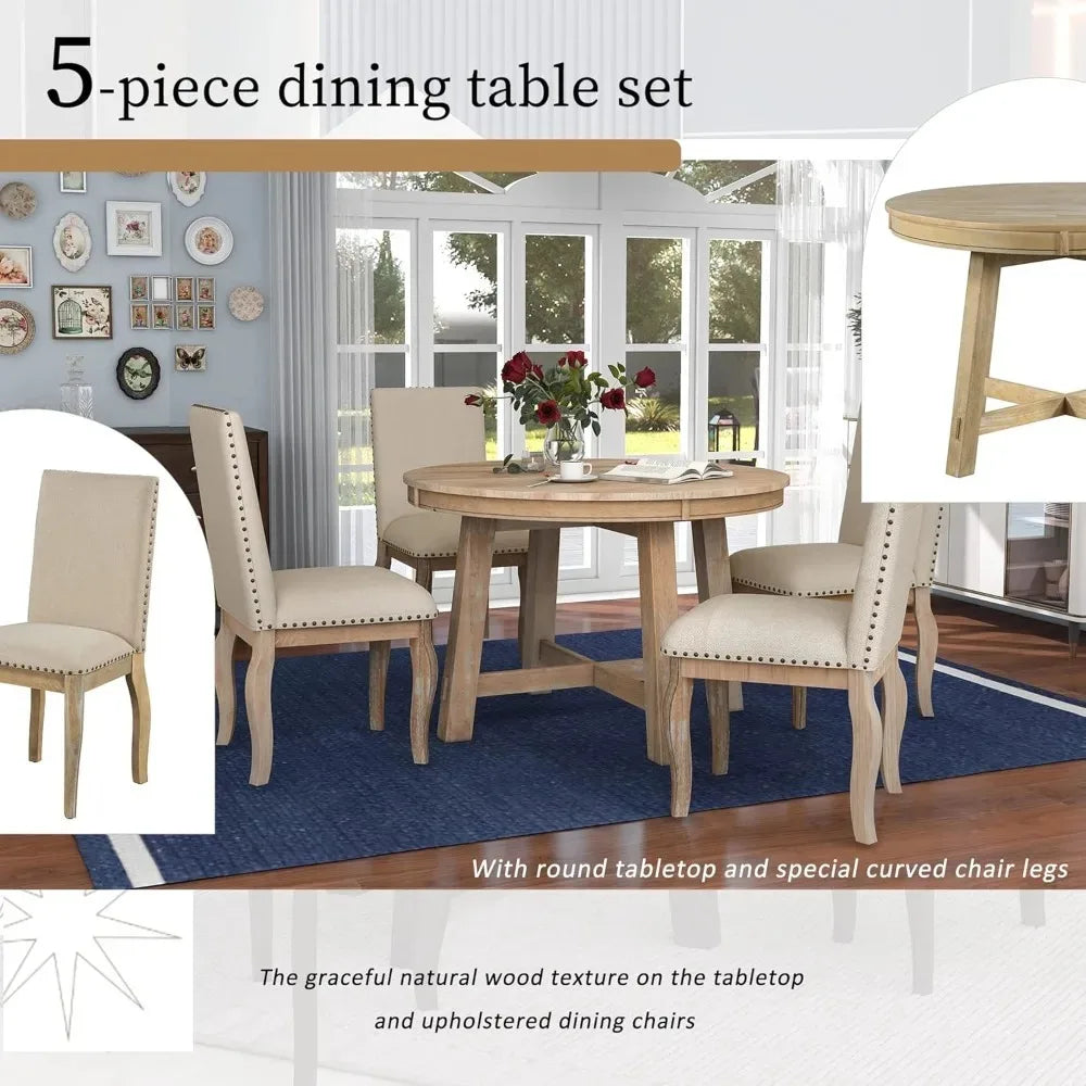 5-Piece Kitchen Table Set, Wood Round Extendable Dining Table and 4 Upholstered Dining Chairs, Farmhouse Dining Room