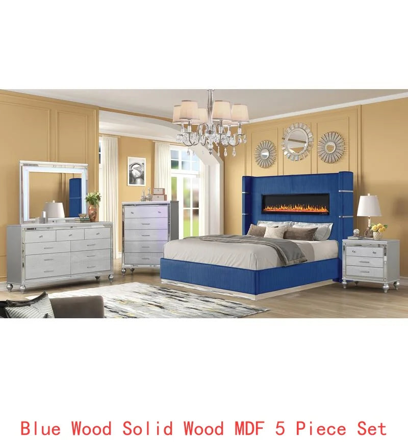 Upholstered Wooden King 5-Piece Bedroom Set with Ambient Lighting in Black Velvet Finish