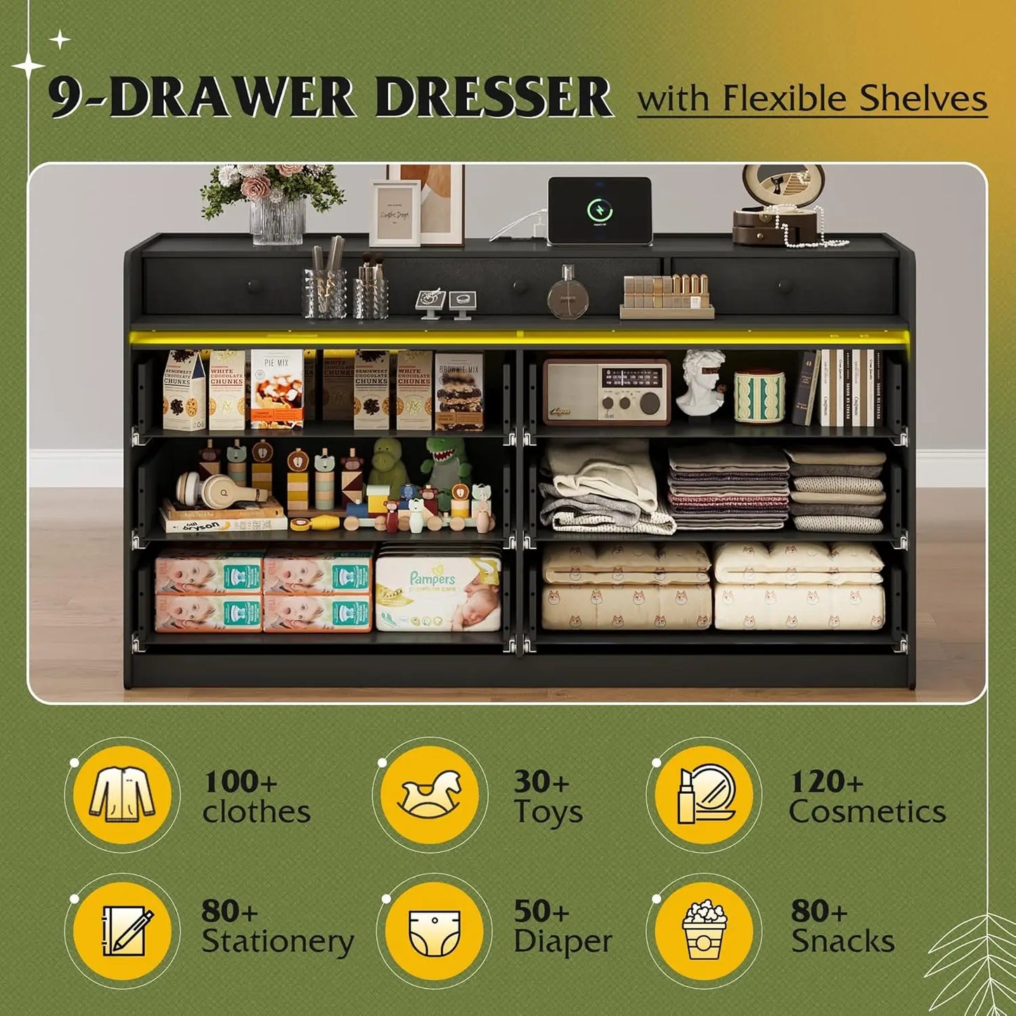 9 Drawer Led Dresser for Bedroom, 58.35'' Black Wood Dresser Storage Organizer with Power Outlets for 65'' TV, Dressers