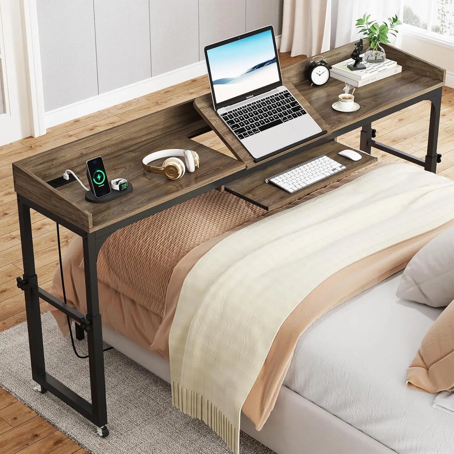 Height Adjustable Overbed Table with Wheels, Queen Size Over Bed Desk with Adjustable, Mobile Laptop Cart Computer Desk