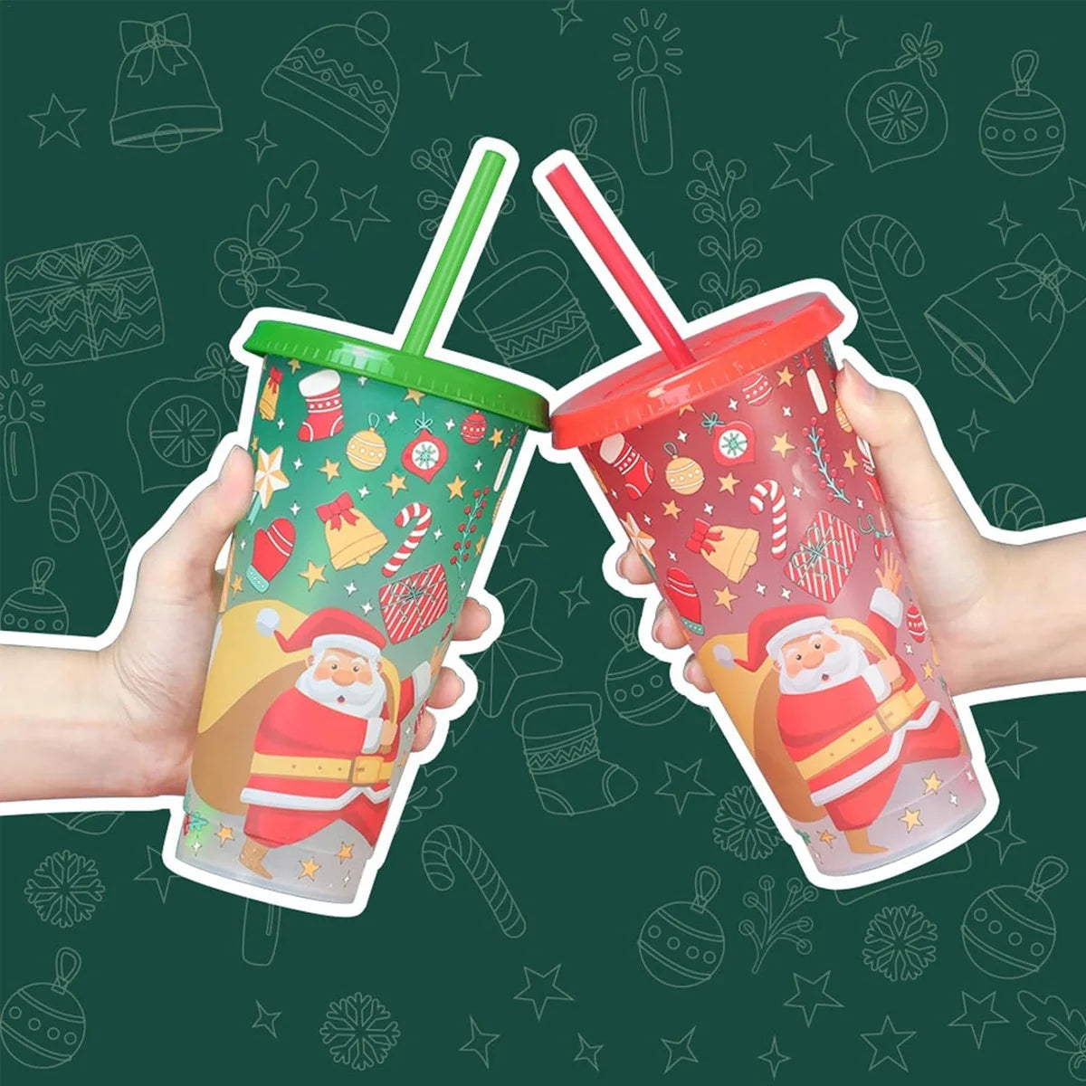 Christmas Color Changing Cups With Lids and Straws Bulk, Christmas Cups Include Spill Resistant Straw Water Iced Coffee or Tea