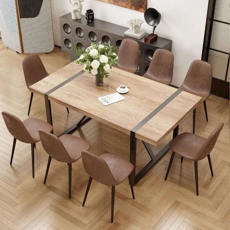 9-Piece Modern Dining Set - 71'' Rectangle Wood Table + 8 Fabric Chairs