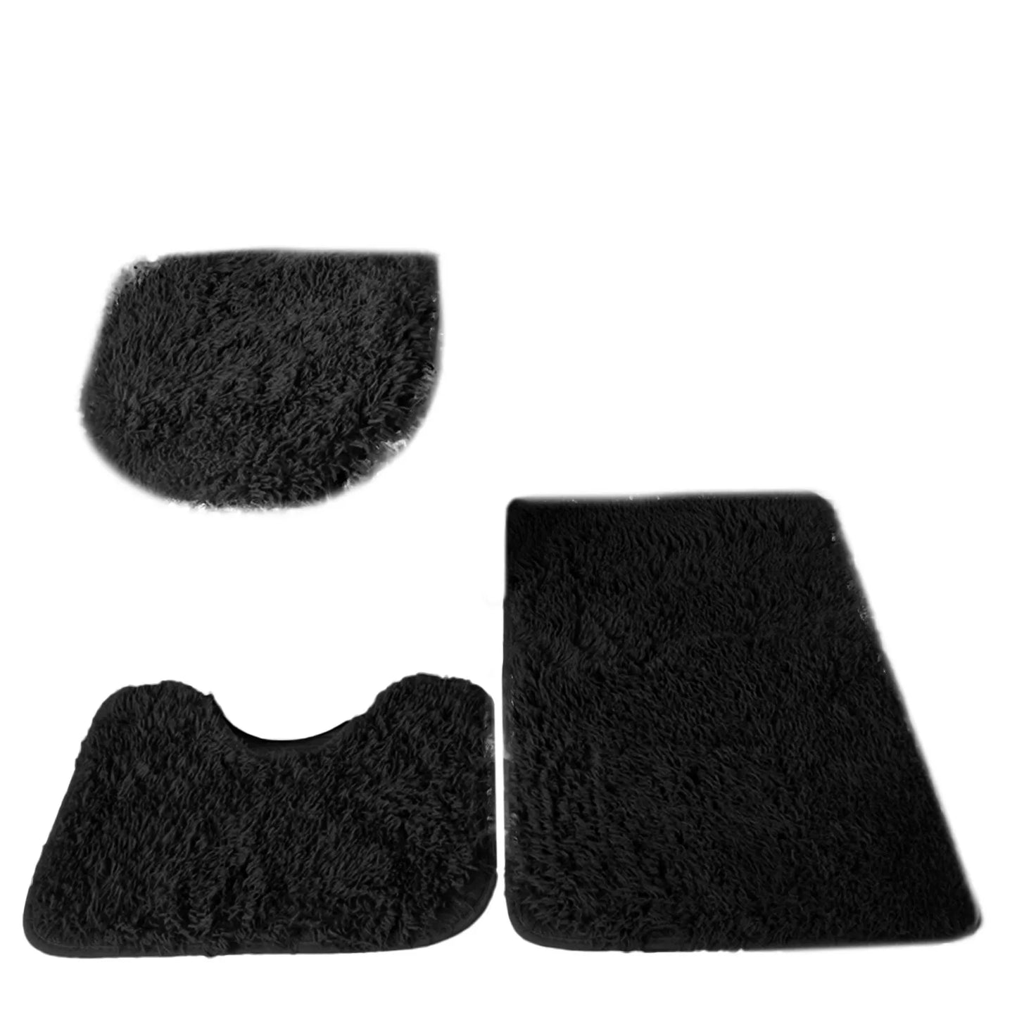 3pc Bathroom Set Rug Mat Toilet Lid Cover Plain Solid Color Bathmats Rugs Kit Non-Slip Fluffy