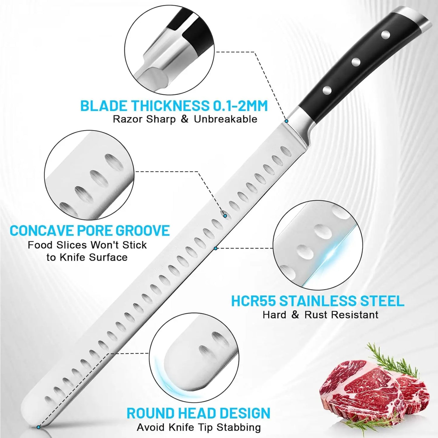 Brisket Slicer Kit,12" Razor Sharp Meat Carving Knife & 12" Honing Rod for Kitchen