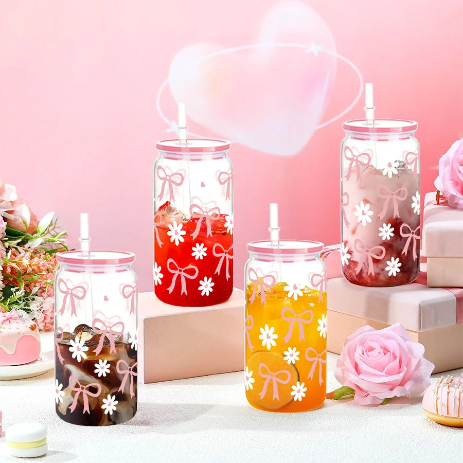 16oz Cute Bow Plastic Cup with Lid Bow Cherry Graffiti Pattern Water Bottle