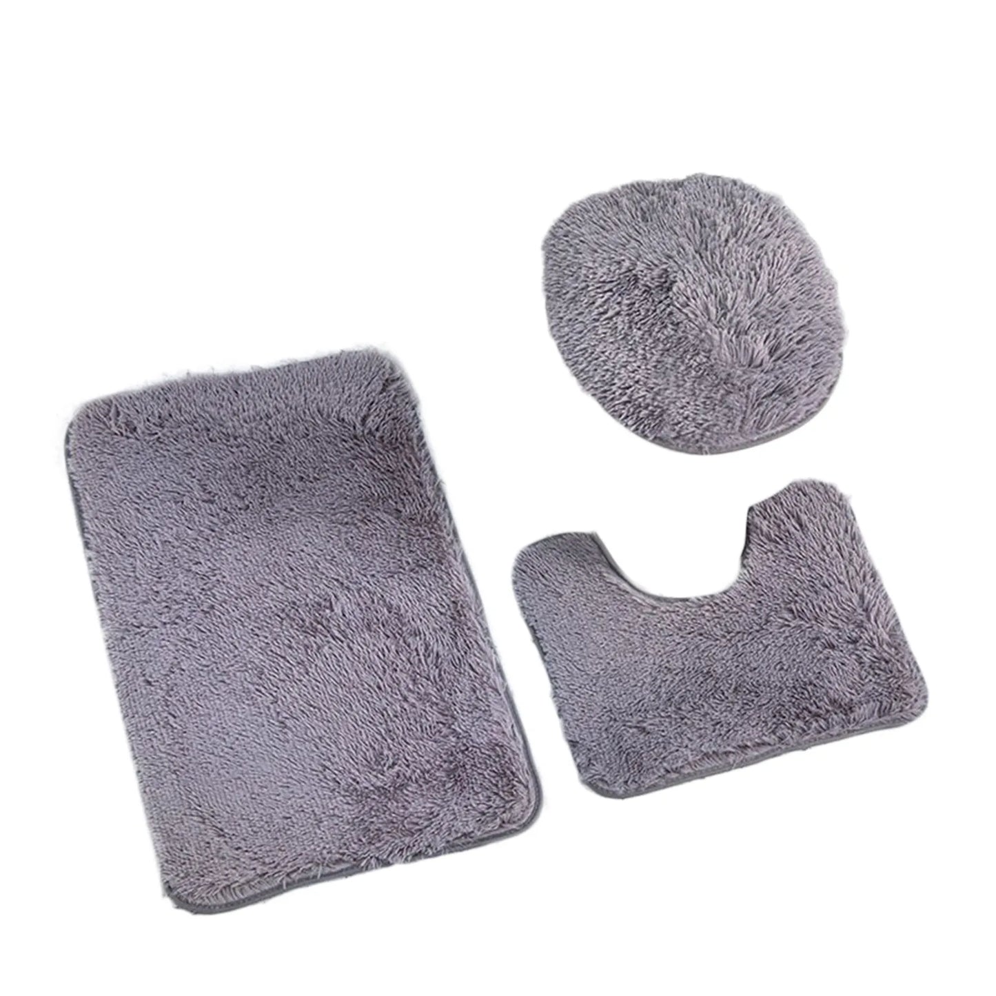3pc Bathroom Set Rug Mat Toilet Lid Cover Plain Solid Color Bathmats Rugs Kit Non-Slip Fluffy