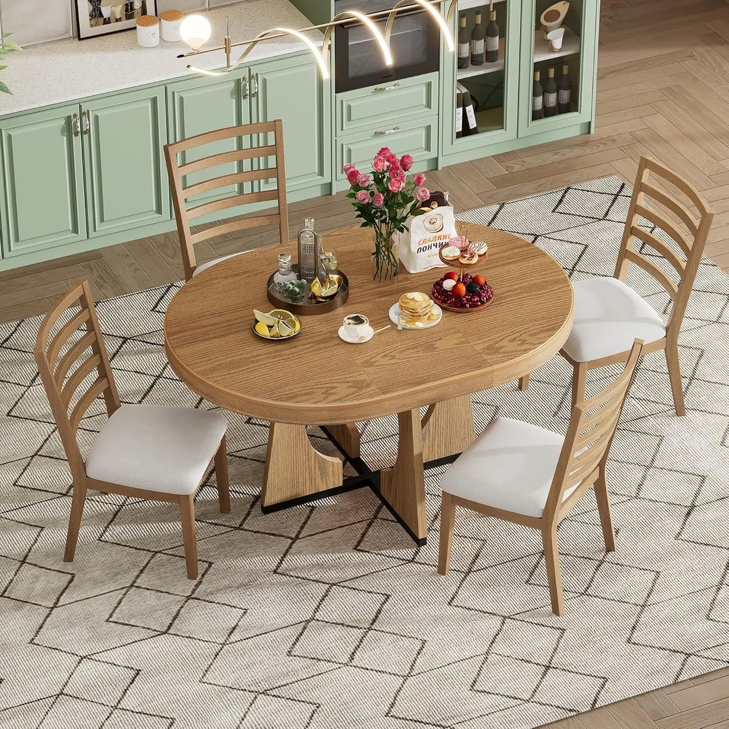 5-Piece Kitchen Table Set, Wood Round Extendable Dining Table and 4 Upholstered Dining Chairs, Farmhouse Dining Room