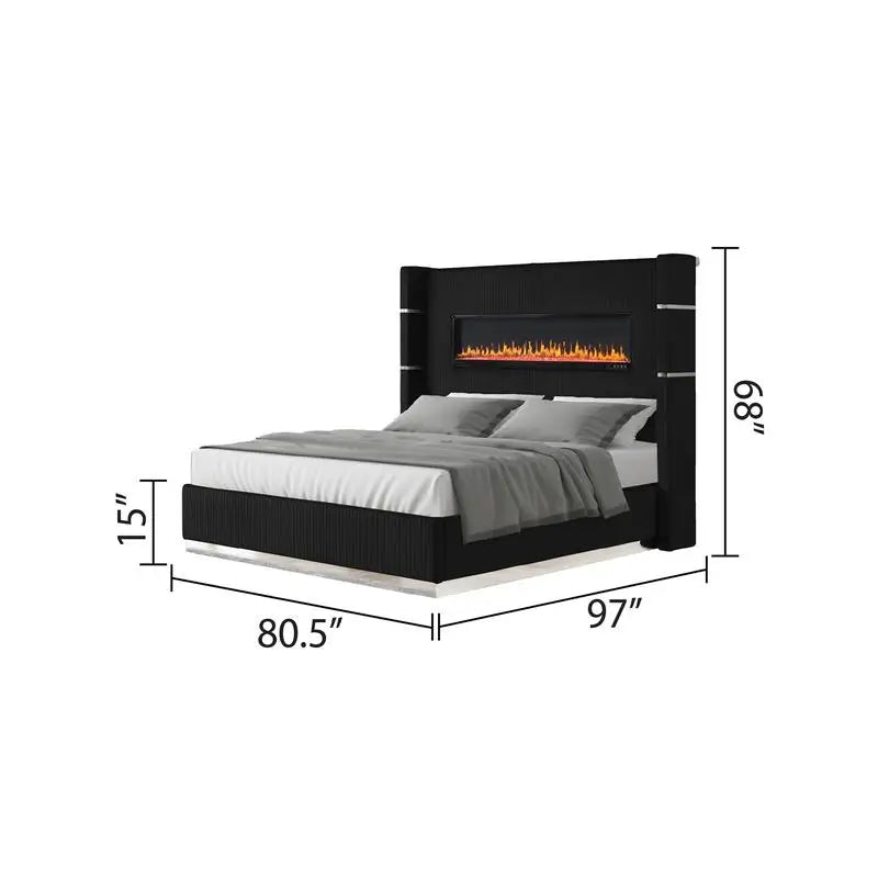 Upholstered Wooden King 5-Piece Bedroom Set with Ambient Lighting in Black Velvet Finish