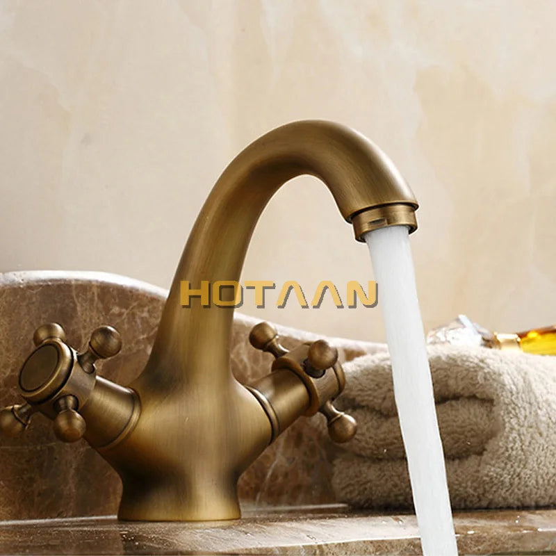 Antique Faucet Bathroom Basin Faucet Two Handles Washbasin Taps Solid Brass Deck