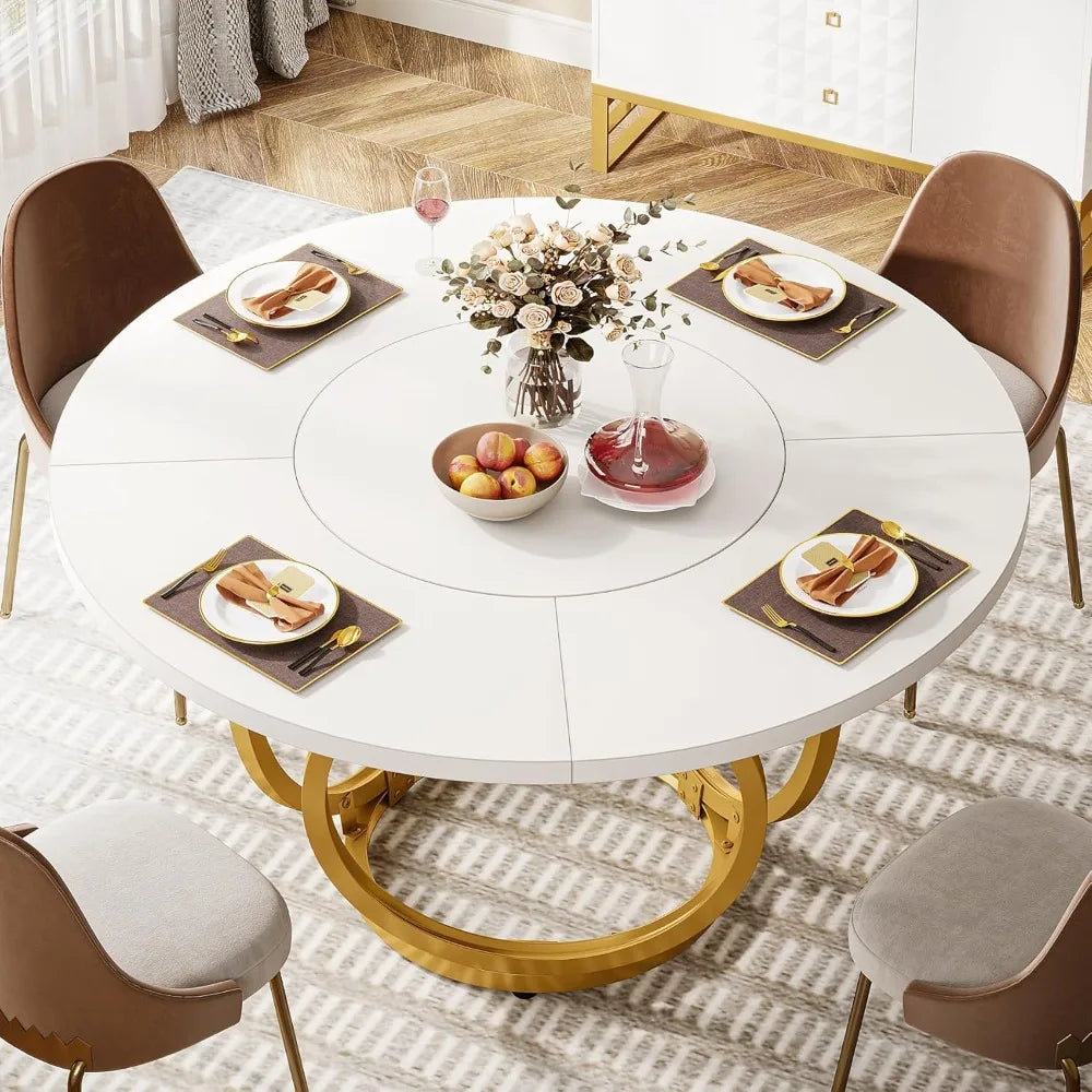Round White Dining Table for 4, 47-Inch Large Kitchen Table with Gold Metal Base, Modern Dinner Room Table Coffee Ta