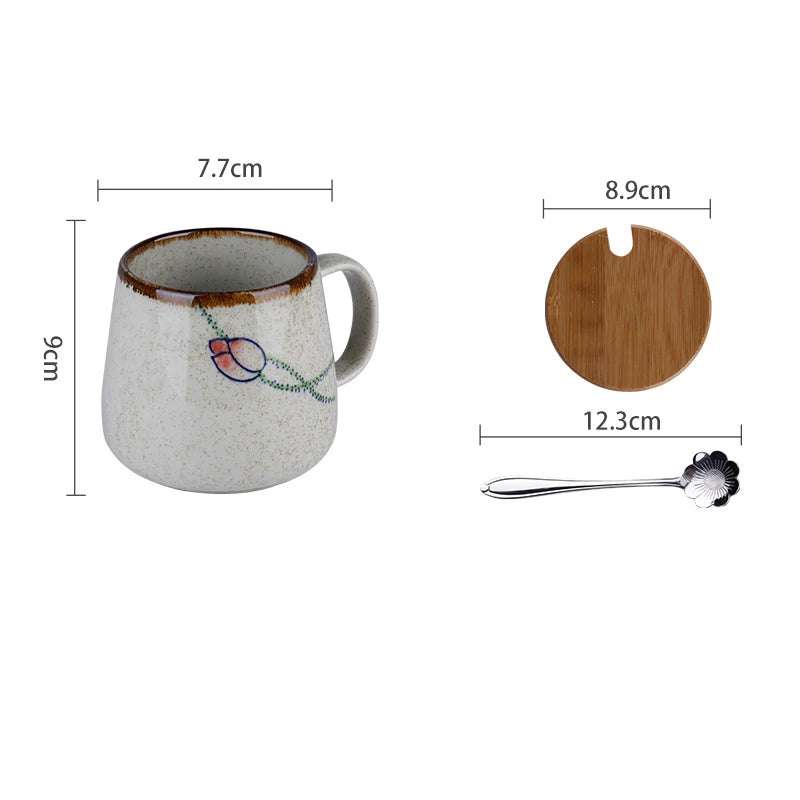 350ml Japanese Retro Ceramic Coffee Mug With Lid And Spoon Milk Breakfast Cups Home