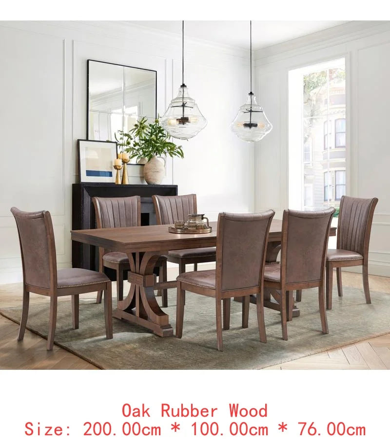 Mid-Century Modern 7-Piece Dining Table Set, Rectangular Oak Table with 6 Faux Leather Upholstered Chairs for Kitchen or Dining