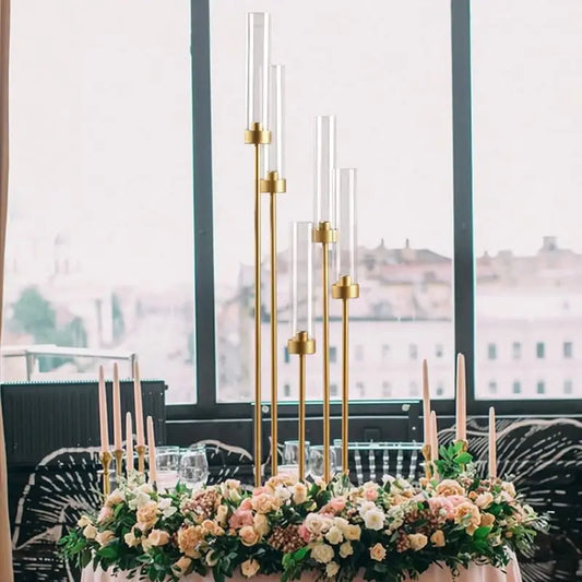 6PCS 5 Arm Candle Holder for Wedding 39.4'' Tall Gold Floor Candelabra with Acrylic Lampshade for Birthday Party Home Decoration