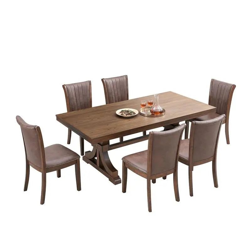 Mid-Century Modern 7-Piece Dining Table Set, Rectangular Oak Table with 6 Faux Leather Upholstered Chairs for Kitchen or Dining