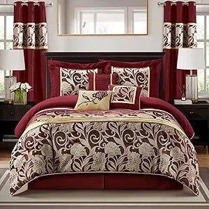 Red and Gold Comforter Set Queen Size, 9 Piece Jacquard Floral Bedding Set, All Season, Ultra-Soft, Matching Pillows & Shams, B