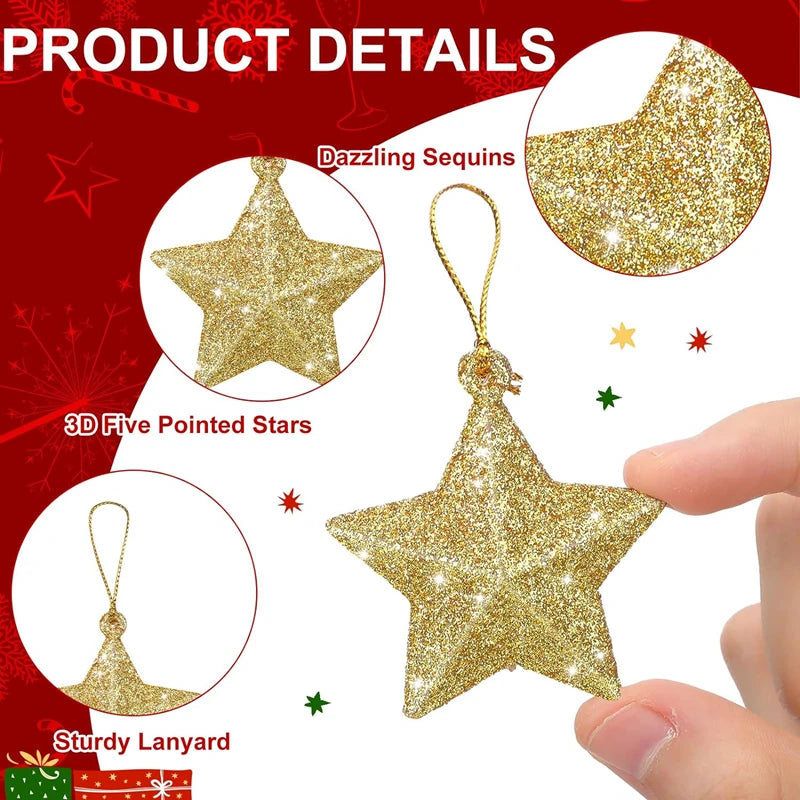 Gold Glitter Star Ornaments Christmas Tree Hanging Pendant 2025 Christmas Decorations for Home Navidad New Year Party DIY Gift
