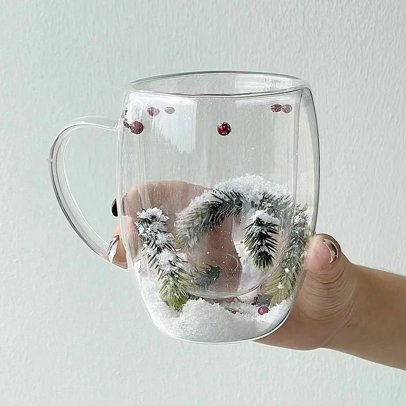 200/350ML Christmas Mug Double Wall Glass Cup Snow Scene Coffee Cup Heat Resistant
