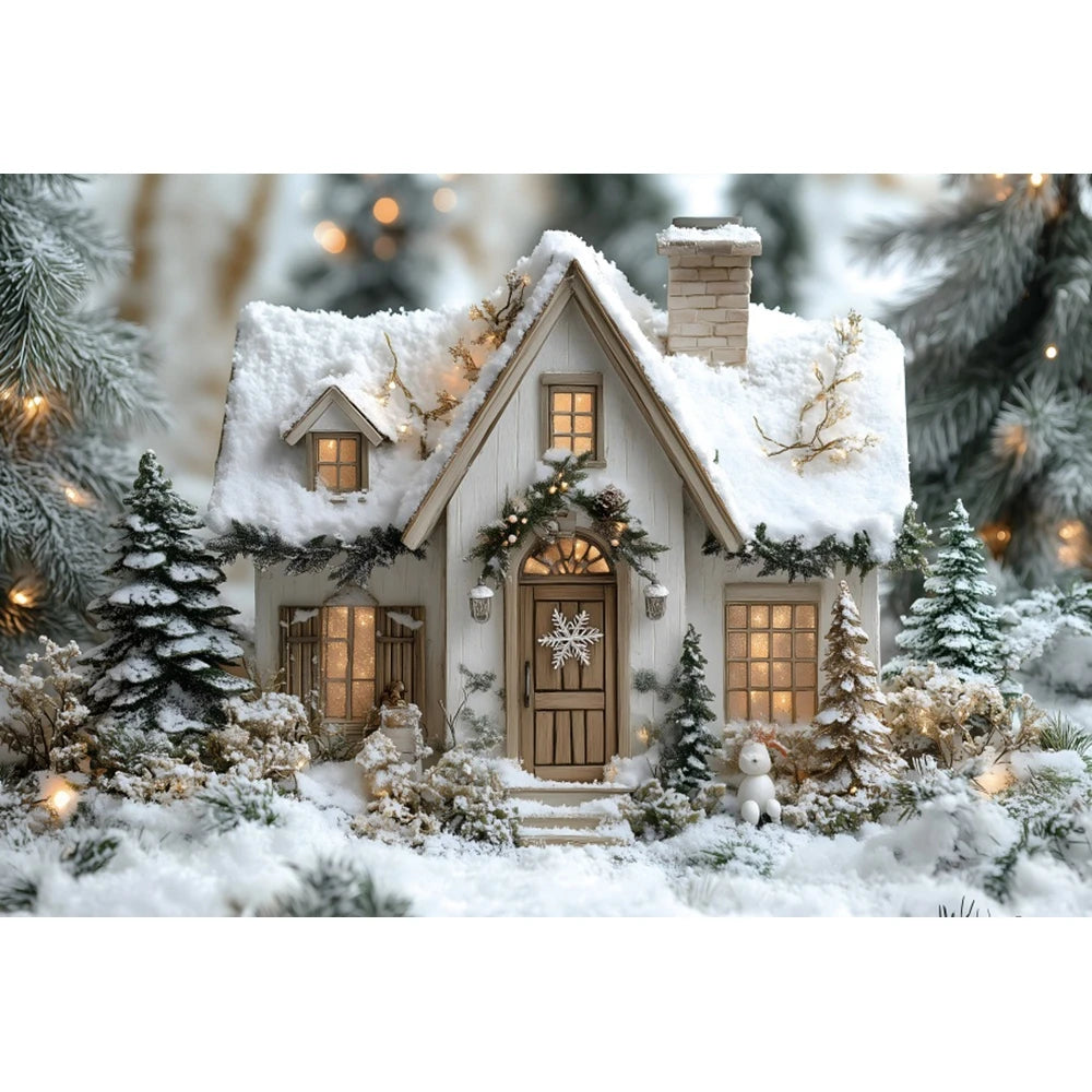 Winter Snow Christmas Wooden House Background Photography Flash Cottage Pine Tree Forest Kids Family Portrait Backdrop Studio