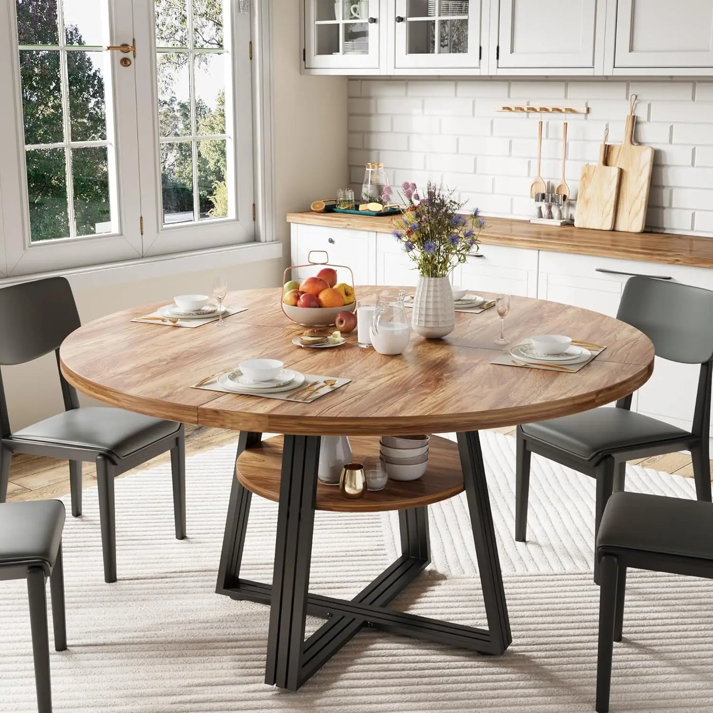 [ TABLE ONLY ] Round Dining Table for 4-6, 42" Farmhouse Kitchen Table with Storage, Circle Dinner Tables for Kitchen, Dining Ro