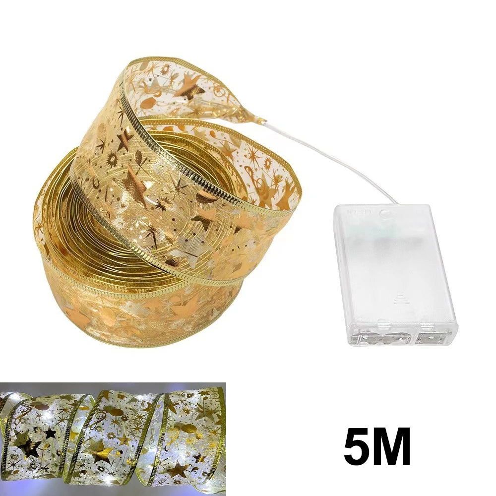 Christmas Ribbon Fairy Light Christmas Decoration DIY Bows String Light Tree Ornaments For Home 2023 Xmas Decor New Year Navidad