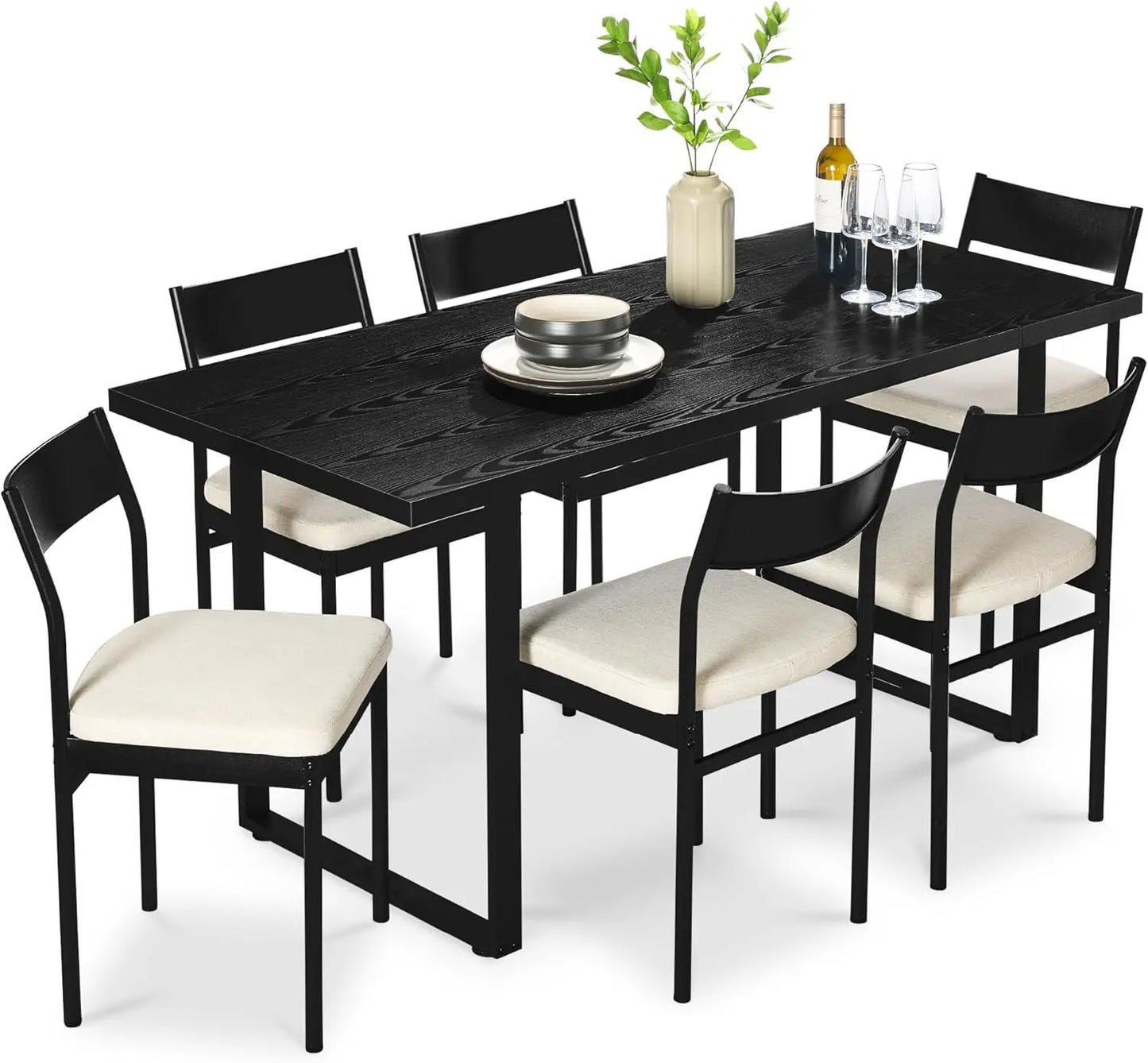 7-Piece Modern Dining Room Set, Kitchen Table Set, Dining Table w/ 6 Chairs, Upholstered Cushions, Solid Metal Frame