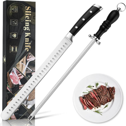Brisket Slicer Kit,12" Razor Sharp Meat Carving Knife & 12" Honing Rod for Kitchen