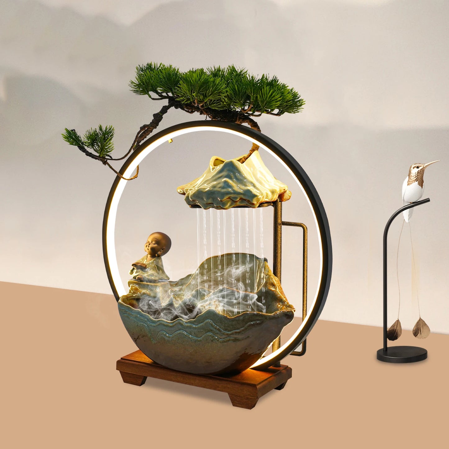 DC 24V Feng Shui Tabletop Water Fountain Indoor Waterfall with LED Mist Desk Fountain