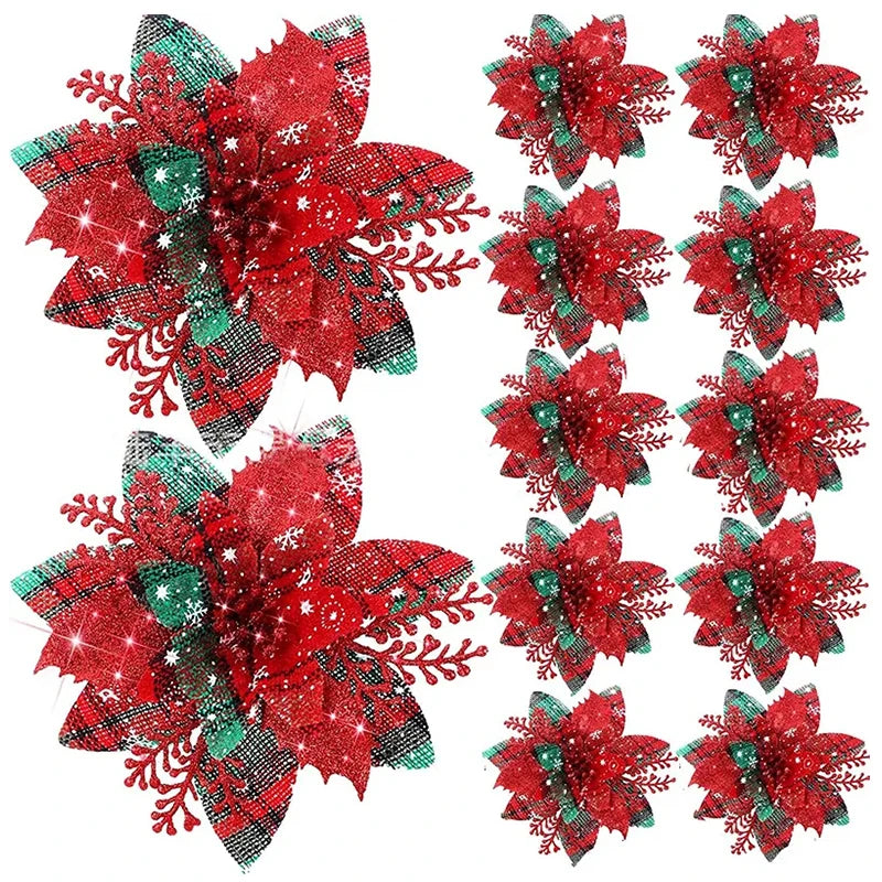 5/10Pcs Glitter Pink Christmas Flowers Xmas Tree 14cm Artifical Flower Ornaments 2025 Christmas Decoration For Home New Year
