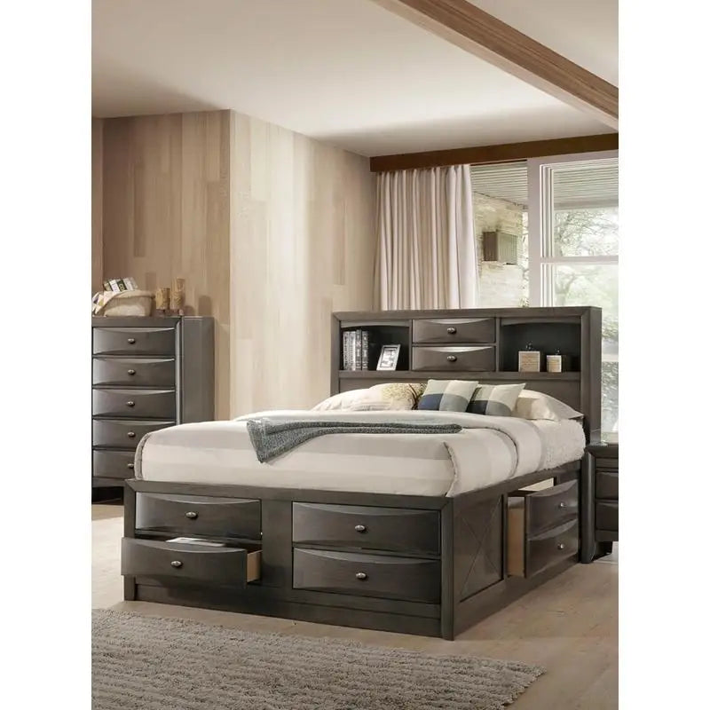 Contemporary Queen Bed with 2 Nightstands and Bookcase Headboard in Gray - 3 Piece Bedroom Furniture Set