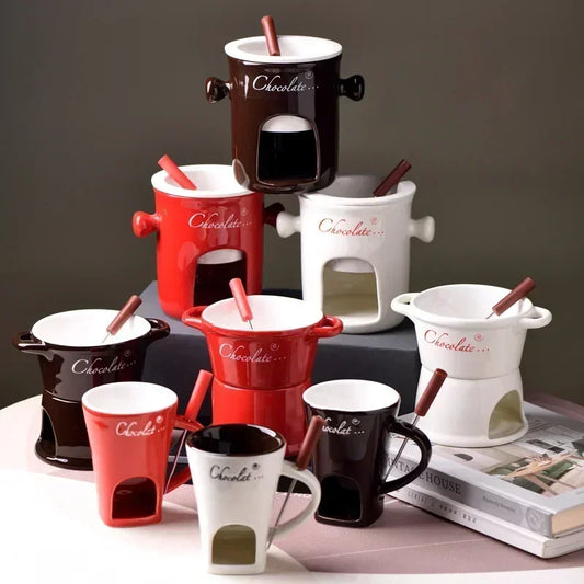 Hot Ceramic Chocolate Chafing Dish Cup with Fork  Chocolate Mug Tableware Creative