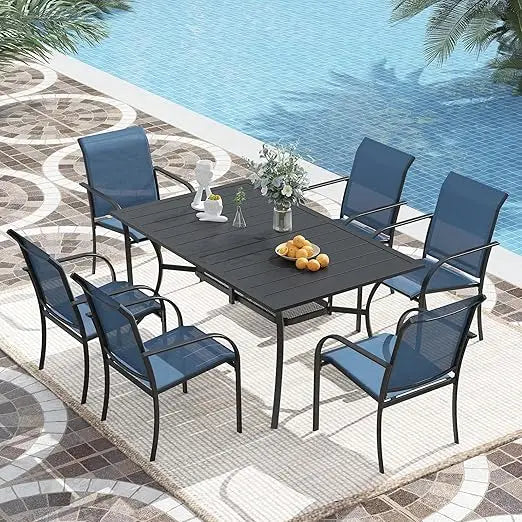 7 Pieces Patio Dining Set, Patio Furniture Set of 6 Patio Stackable Dining Chairs and Outdoor Rectangular Metal Table with Stor