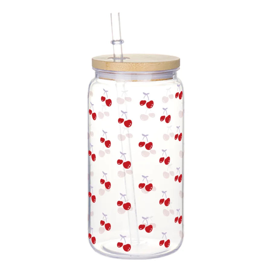 16oz Cute Bow Plastic Cup with Lid Bow Cherry Graffiti Pattern Water Bottle