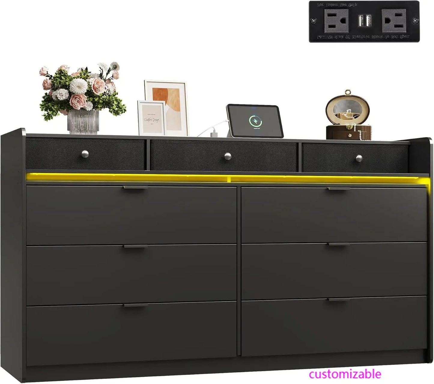 9 Drawer Led Dresser for Bedroom, 58.35'' Black Wood Dresser Storage Organizer with Power Outlets for 65'' TV, Dressers