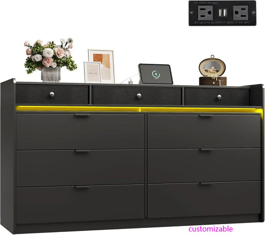 9 Drawer Led Dresser for Bedroom, 58.35'' Black Wood Dresser Storage Organizer with Power Outlets for 65'' TV, Dressers
