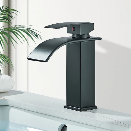 Matte Black Basin Faucet Deck Mounted Single Lever Bathroom Crane Waterfall Brass Bathroo