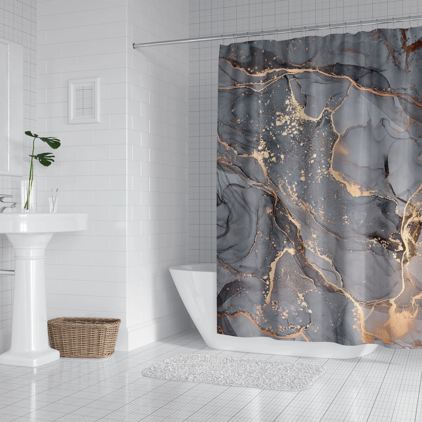 1pc Gray Marbling Shower Partition Decorative Curtain Machine Washable Lake Print Window Privacy Curtain