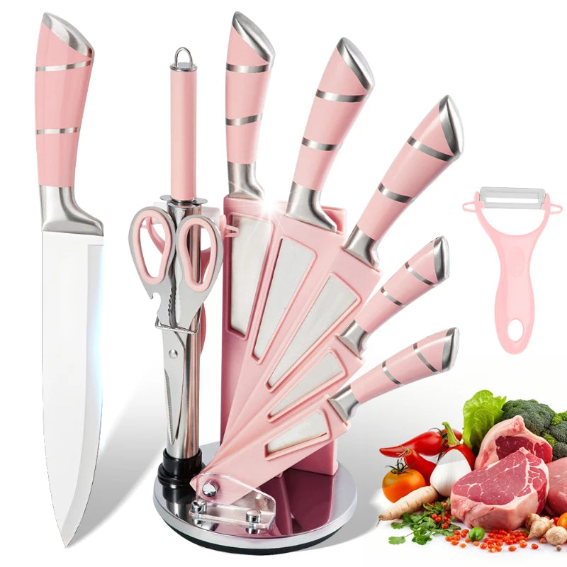 Kitchen Knife Set 9pcs Stainless Steel Sharp Non-Stick Coated Chef Knives with Sharpener