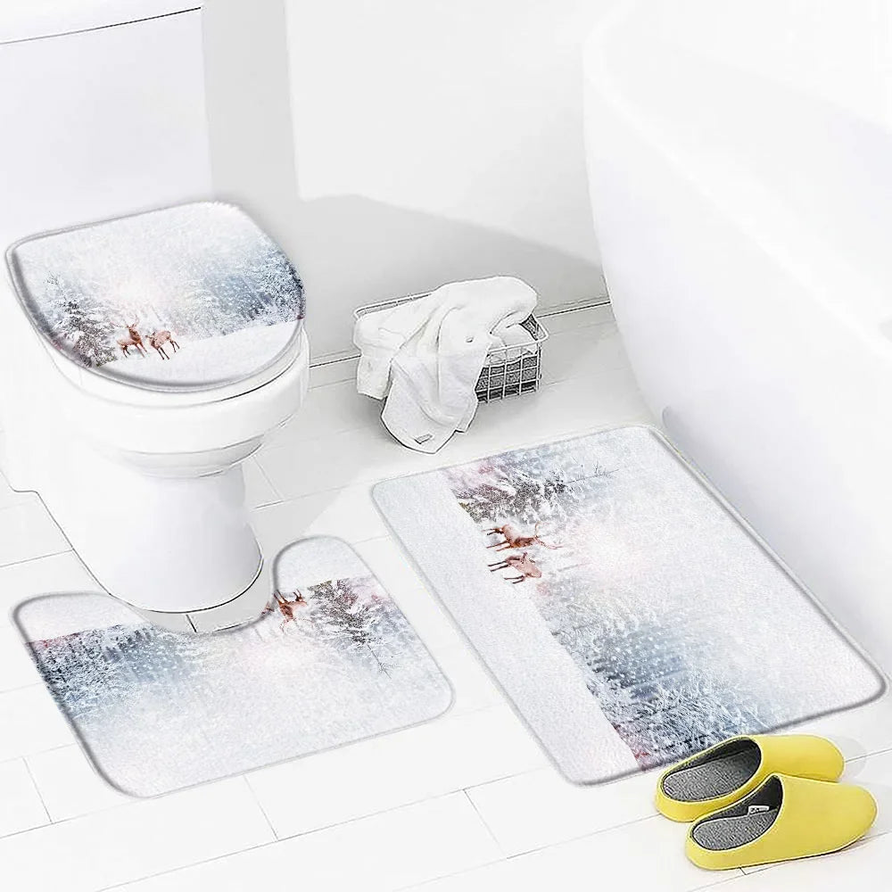Christmas 3pcs Set Bath Mat Cute Snowman Red Bow Winter New Year Bathroom Decor Anti Slip Flannel Foot Mats Rug Carpets Washable