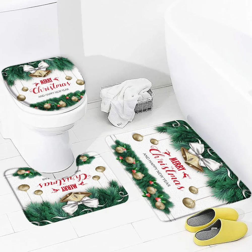 Christmas 3pcs Set Bath Mat Cute Snowman Red Bow Winter New Year Bathroom Decor Anti Slip Flannel Foot Mats Rug Carpets Washable