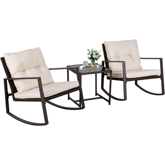 3-Piece Patio Bistro Set Outdoor Rocking Chairs Set Brown Wicker Porch Chairs with Glass Coffee Table, Beige Cushion