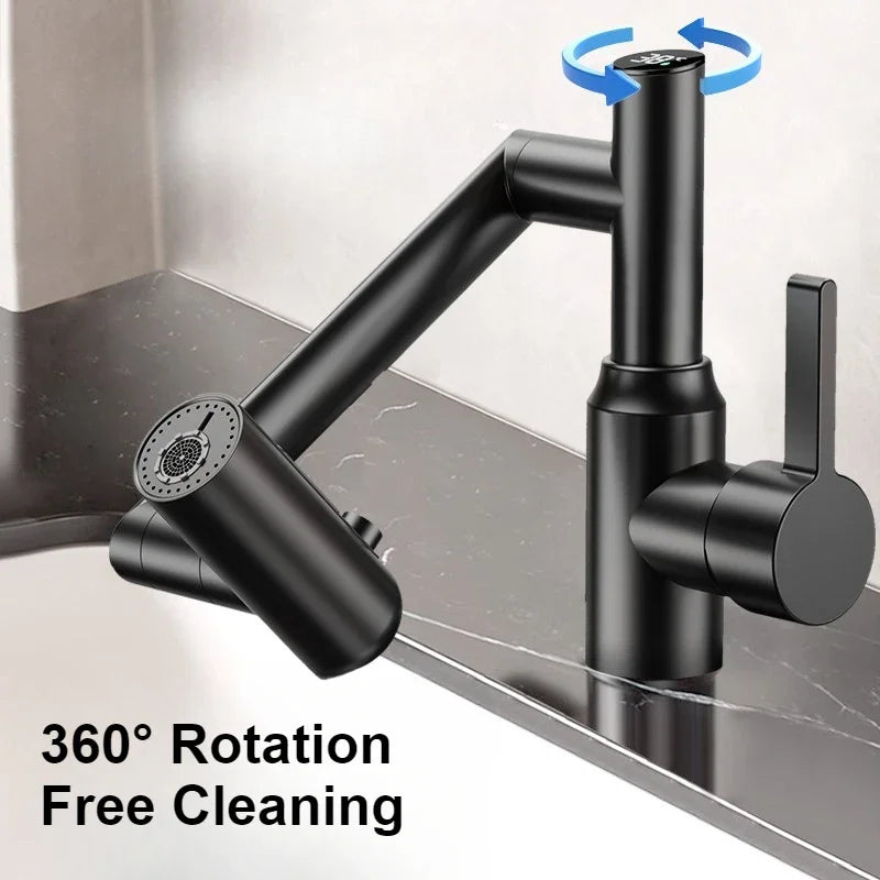 Washbasin Faucet Bathroom Multi-functional Mechanical Arm Cold and Hot Water Tap Digital Display Household Universal Rotation