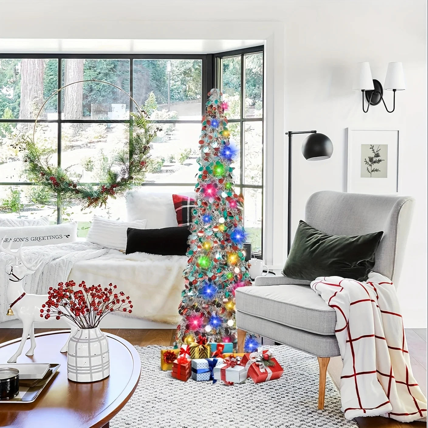 5ft Pop-up Christmas Light Tree, Easy to Assemble Coastal Shining Colorful Christmas Pencil Tree,