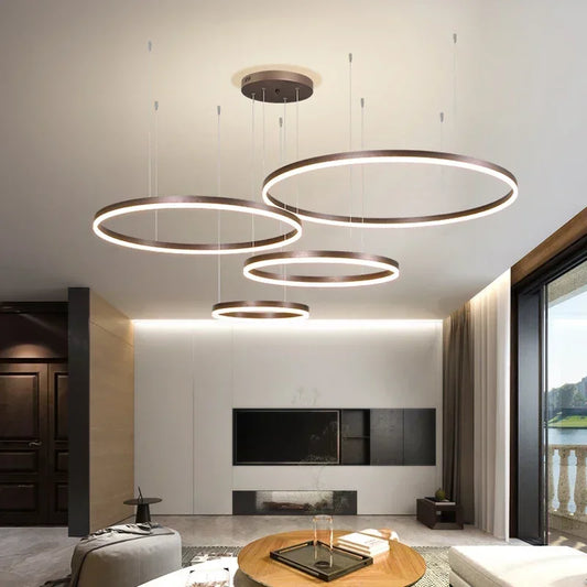 2025 Modern Led Ceiling Chandelier Home Brushed Round Rings Mounted Pendant Lighting Living Room Gold Coffee Color Hanging Lamp