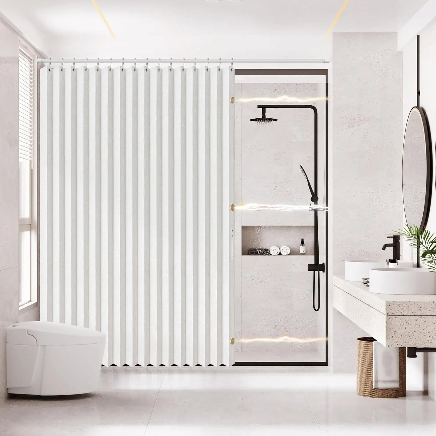 Magnetic Folding Shower Curtain，Waterproof & Space-Saving Design with Hooks, Thick Fabric in 6 Colors