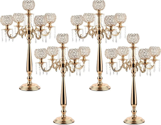 4 Packs 5 Arms Crystal Candelabra for Wedding Centerpiece Gold Candle Holder with Chandelier Crystal Beaded Party Table Decor