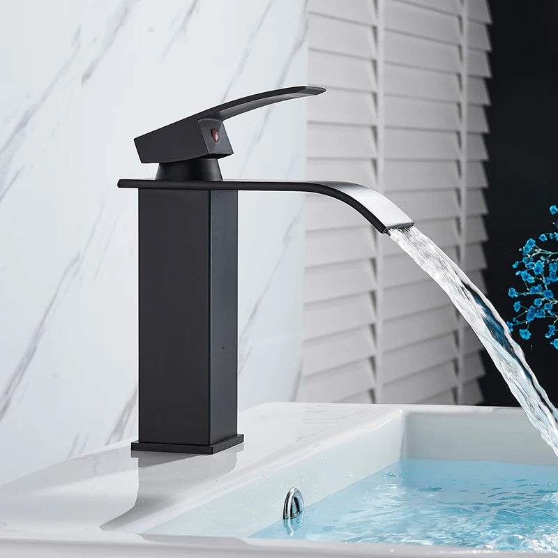 Matte Black Basin Faucet Deck Mounted Single Lever Bathroom Crane Waterfall Brass Bathroo